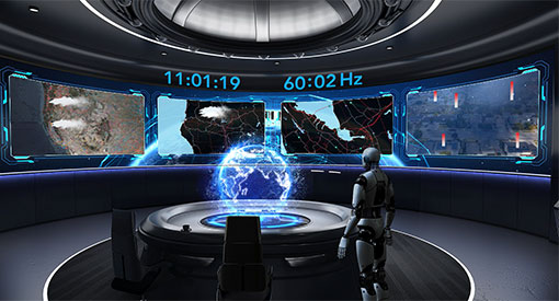 Future grid control room with robot standing in the middle