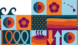 comm-engage-hawaii-block Illustration of waves, earth's core, flower, Hawaiin islands, lighting bolts, temperature gauge, heating and cooling flow, and heat comping up from earth's core.