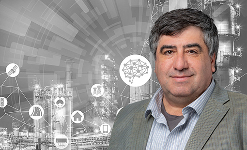 manufacturing-masterminds-nrel-rob-hovsapian-510x310 Rob Hovsapian overlain on a black-and-white background of manufacturing facilities and icons.