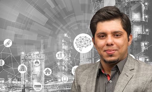manufacturing-masterminds-saleem Danish Saleem overlain on a black-and-white background of manufacturing facilities and icons.