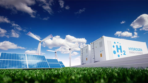07012021-amr-awards-storage A graphic with wind turbines, photovoltaics, and hydrogen storage.