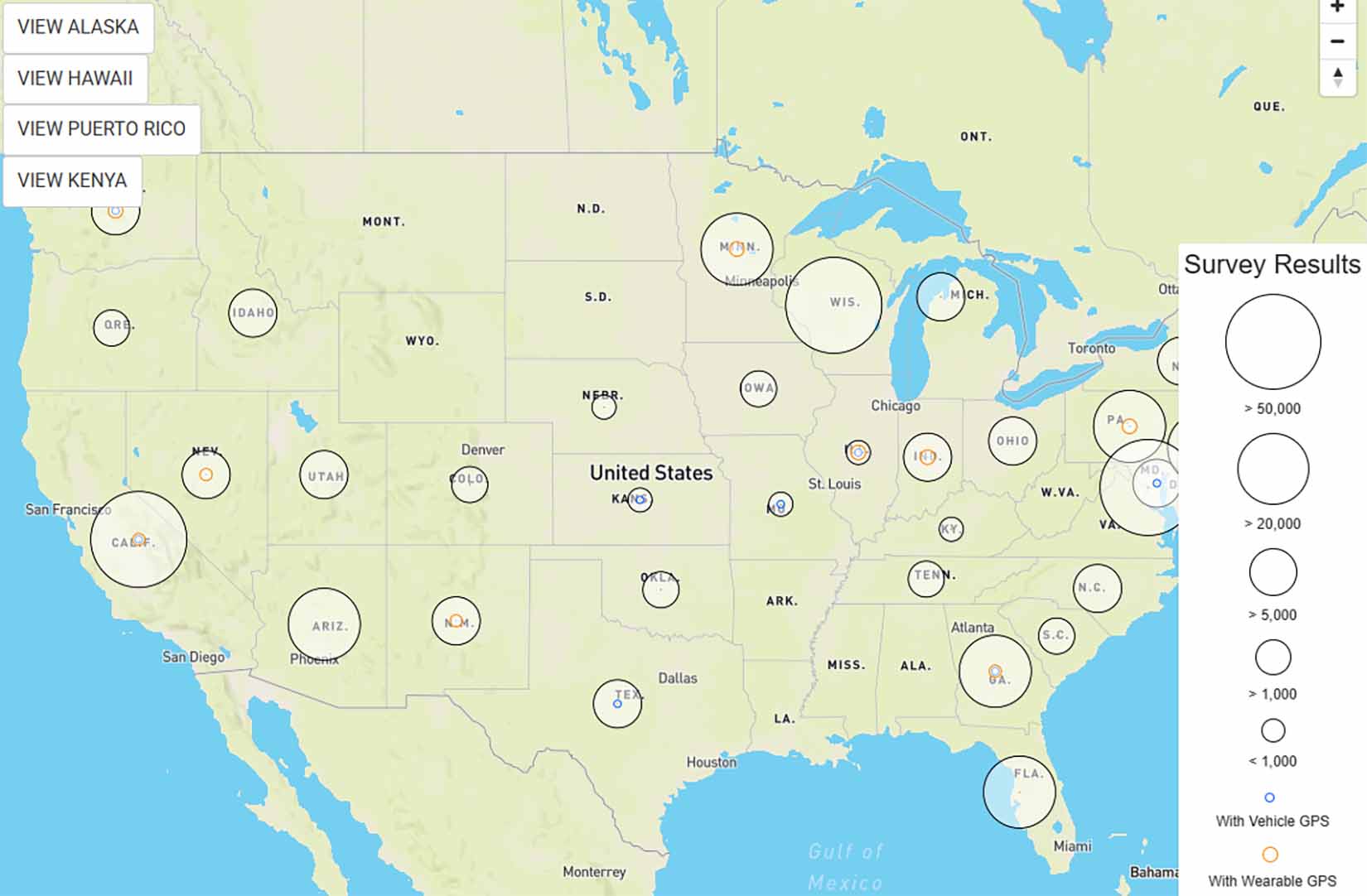 tsdc-15th-anniversary-map-body A screenshot of a map showing how many survey results are available from different areas across the United States in the Transportation Secure Data Center.