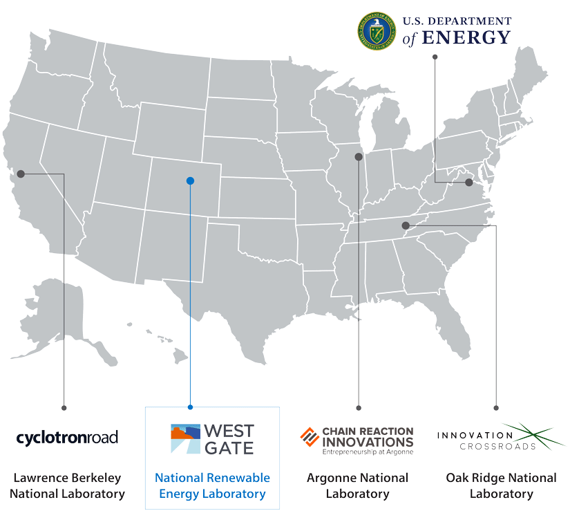 leep-map-web U.S. LEEP: Cyclotron Road (Lawrence Berkeley National Laboratory, California); West Gate (National Renewable Energy Laboratory, Colorado); Chain Reaction Innovations (Argonne National Laboratory, Illinois); Innovation Crossroads (Tennessee)